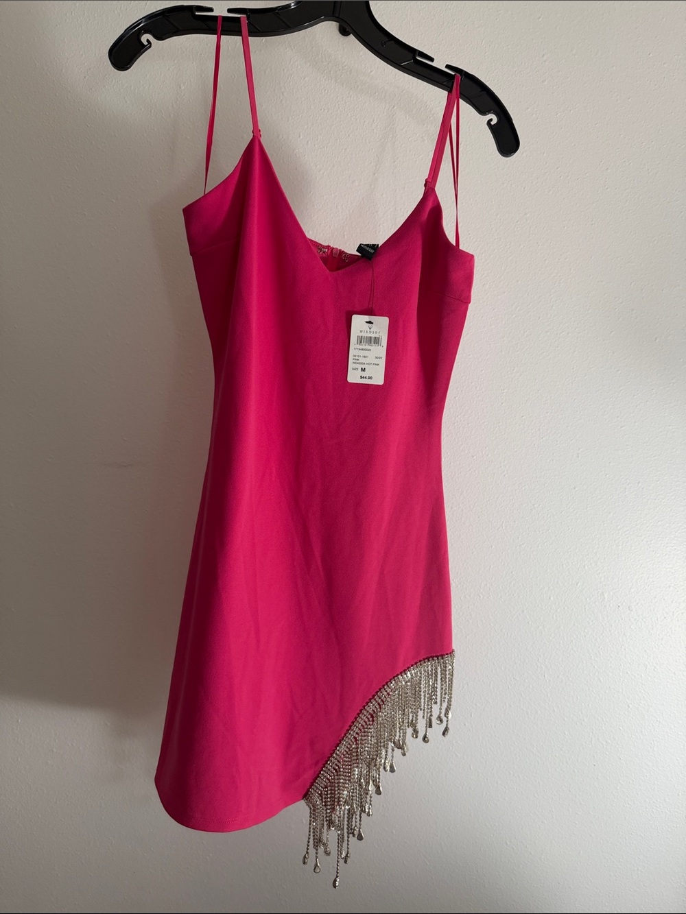 Windsor Hot Pink Asymmetrical Mini Dress with Beaded Fringe